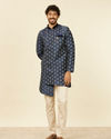 alt message - Manyavar Men Dark Blue Imperial Paisley Patterned Angrakha Style Kurta Set image number 2